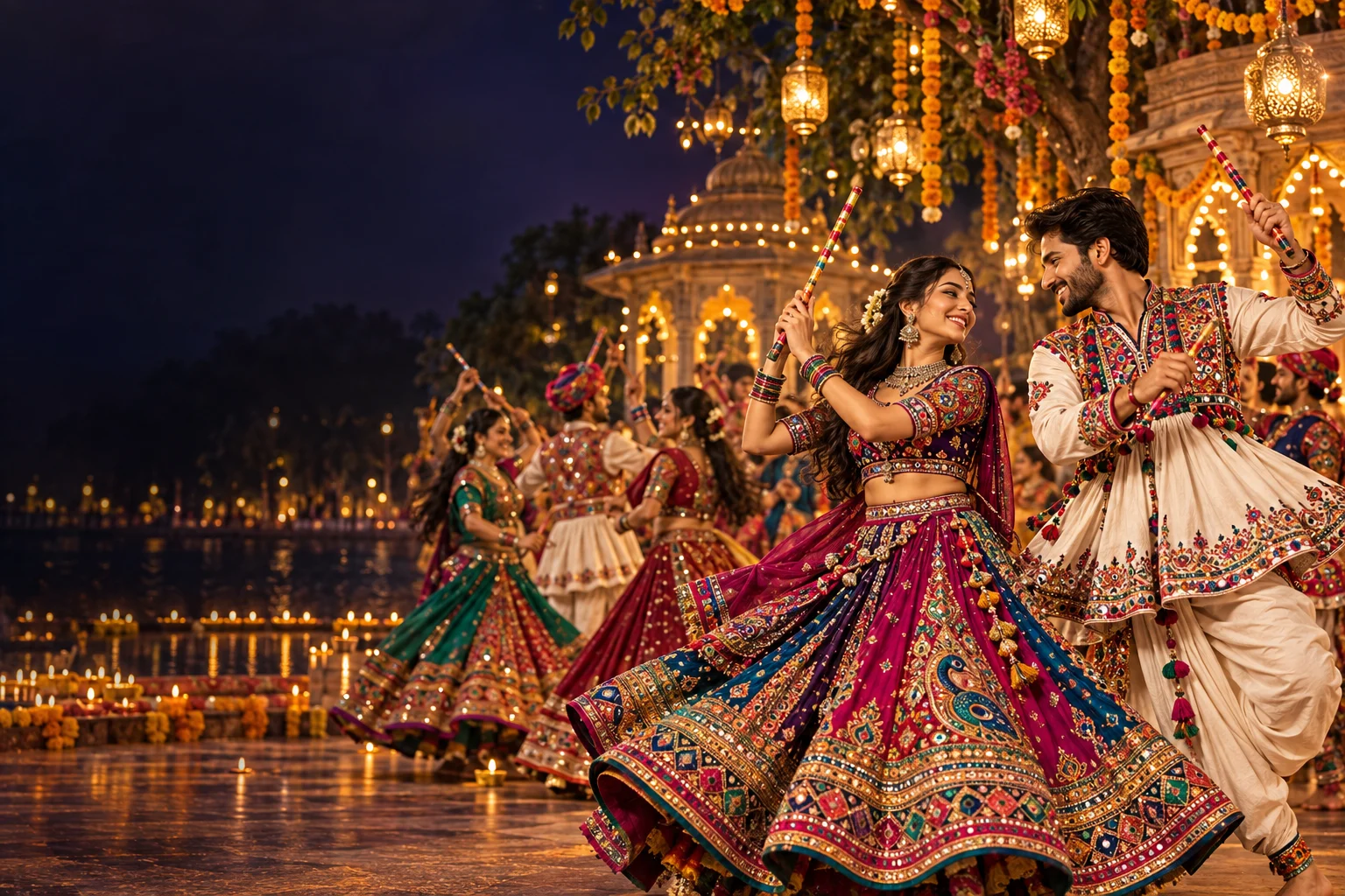 Traditional Garba and Dandiya dancers celebrating beneath festive lanterns